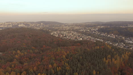 Aerial-footage-over-colorful-autumn-forest-during-sunset,-close-up-orange-and-green-trees,-orange-sky-and-glimpses-of-the-sun-on-horizon
