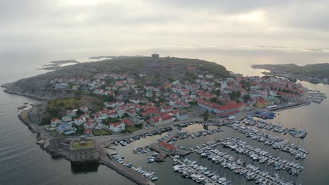 Drone-shot-of-Marstrand-island-in-Sweden-during-sunset