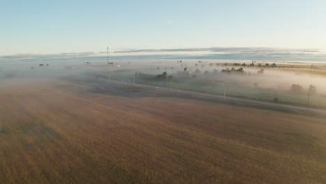 Morning-fog-hangs-in-the-trees-and-over-fields-of-corn-in-wide-farm-fields