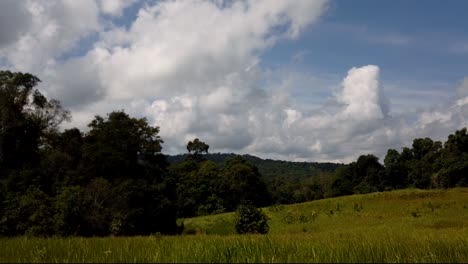 Paisaje-En-El-Parque-Nacional-De-Khao-Yai,-árboles-Y-Montañas-Con-Grandes-Nubes-Esponjosas-Que-Proyectan-Sombras