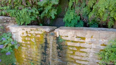 La-Fuente-De-Agua-Está-Cercada-Con-Una-Pared-De-Ladrillos-Y-Cubierta-De-Vegetación
