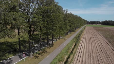 Aerial-descend-from-tree-top-revealing-country-road-with-bicycle-highway-besides-a-raked-agrarian-crop-field-against-a-blue-sky-in-The-Netherlands