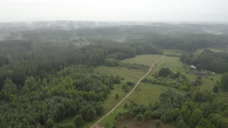Drohnenschwenk-über-Eine-Landstraße-Und-Einen-Nebligen-Wald