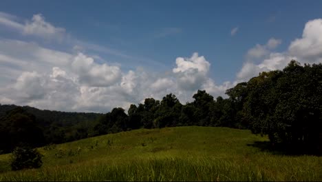 Landscape-in-Khao-Yai-National-Park,-Trees-and-Mountains-with-fluffy-big-Clouds-Casting-Shadows
