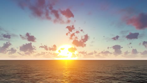 3D-photorealistic-animation-of-a-natural-environment-with-a-sunset-on-the-center-of-the-screen,-clouds,-blue-sky,-and-ocean-waves