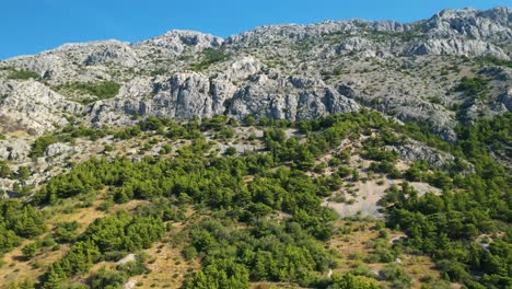 Aerial-view-with-the-camera-ascending-the-limestone-mountain-range-of-Biokovo-in-Croatia---stock-video