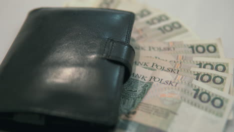 Tilt:-100-polish-zloty-with-black-wallet,-take-focusing-on-detail
