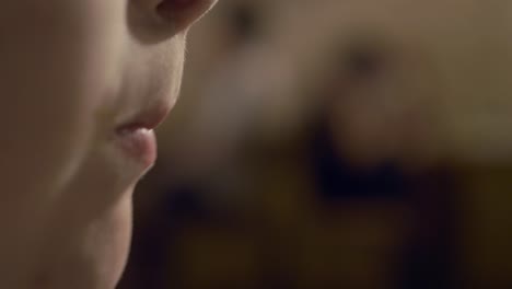 Close-up-slow-motion-of-young-boy's-mouth-chewing-with-copy-space-to-the-right-of-frame
