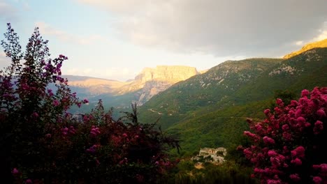 Blumen-Mit-Tymfi-Gebirge-Im-Hintergrund,-Totale,-Zeitraffer