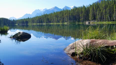 summer-clear-blue-claim-lake-view-with-beautiful-rockies-mountain-range-and-clear-blue-sky-in-summer-holiday-in-Herbert-lake-in-banff-national-park,Alberta,Canada