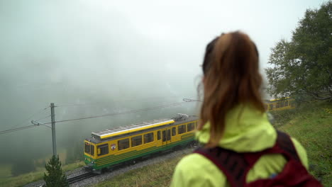 Woman-watching-the-Wengernalpbahn-train-slowly-pass-in-the-Swiss-Alps