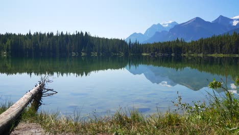 summer-clear-blue-lake-view-with-beautiful-mountain-range-and-clear-blue-sky-in-summer-holiday-in-Herbert-lake-in-banff-national-park,Alberta-in-Canada