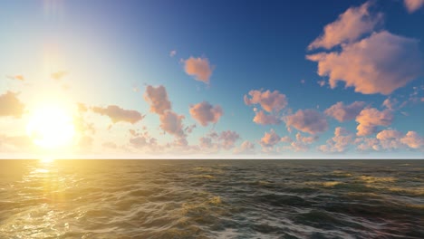 Fotorealistische-3D-Animation-Einer-Natürlichen-Umgebung-Mit-Einem-Sonnenuntergang-Auf-Der-Linken-Seite-Des-Bildschirms,-Wolken,-Blauem-Himmel-Und-Meereswellen
