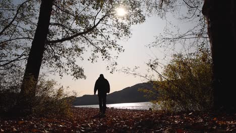Silhouette-of-man-walking-to-shore-of-lake-through-tress-with-sun-and-mountains-in-background