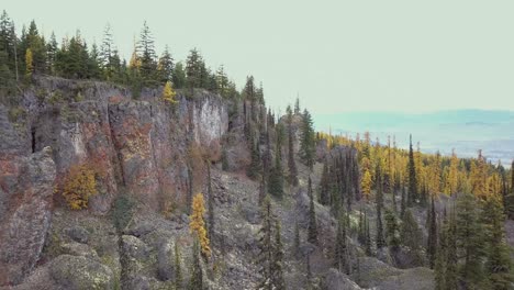 Volcanic-cliff-face-with-rubble,-pinnacles,-and-fall-colours