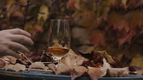 Man-places-glass-of-swirling-beer-on-table-of-autumn-leaves