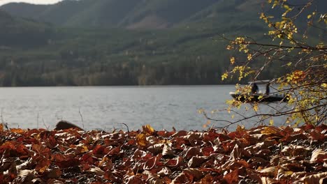 Small-fishing-boat-on-lake-out-of-focus-with-foreground-of-autumn-red-leaves-and-bush-in-focus