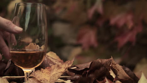 Hand-gently-sets-glass-of-beer-on-table-of-leaves-in-autumn-scene,-close-up