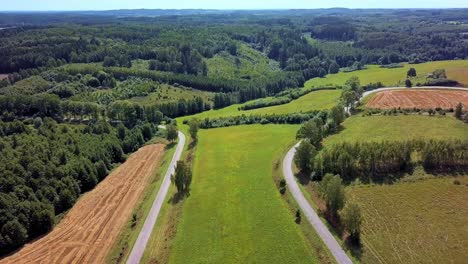 Aerial-Shot-of-Curvy-Country-Road-Surrounded-by-Fields-and-Trees