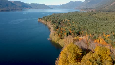Drone-shot-of-lake-,forest-and-mountains-in-autumn-on-Cowichan-Lake-,Vancouver-Island,-Canada