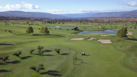 Aerial-view-of-golfers-on-a-vibrant-green-course