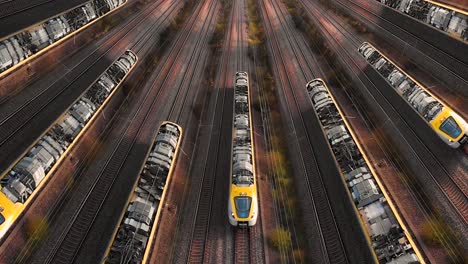 Drone-above-Pattern-of-Many-trains-passing-by-multiply-rails,-Aerial-view-above-Dynamic-rails-tracks-and-trains