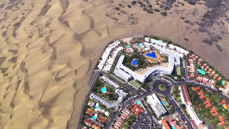 Aerial-Top-Down-View-From-Desert-Dunes-Next-To-Maspalomas-Town-In-Gran-Canaria