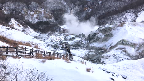 Jigokudani,-known-in-English-as-"Hell-Valley"-is-the-source-of-hot-springs-for-many-local-Onsen-Spas-in-Noboribetsu,-Hokkaido