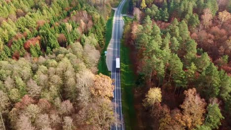 Luftaufnahme-Eines-Lastwagens,-Der-Auf-Der-Straße-In-Einem-Farbenfrohen-Herbstwald-Unterwegs-Ist