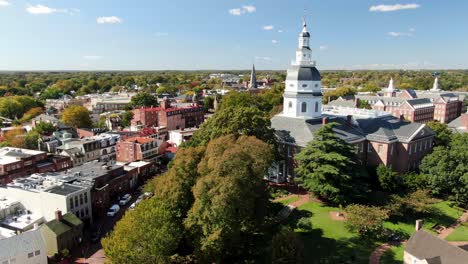 Aerial-point-of-interest-of-Maryland-State-House,-beautiful-autumn-day,-slow-turn-revealing-shot
