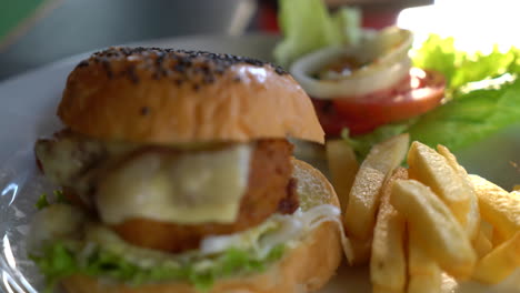 Chicken-Burger-Mit-Pommes-Frites-Auf-Dem-Teller