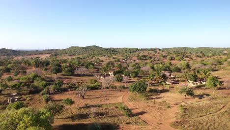 Aerial-Tilt-Down-Cinematic-Shot-of-Chidenguele-Village-Showcasing-Traditional-African-Huts-and-Plantations