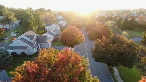 Descending-aerial-dolly-shot-of-drone-above-colorful-autumn-trees-and-leaves,-cars-driving-on-street-in-neighborhood-residential-development