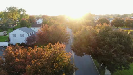 Aerial-dolly-shot-above-colorful-trees-and-leaves-in-autumn,-car-passes-by,-neighborhood-homes-in-community