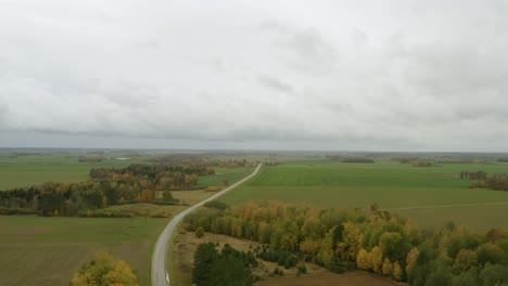 Maravillosa-Vista-Del-Otoño-Dorado-Con-Un-Largo-Camino-Y-Cielo-Nublado-En-Letonia---Cielo-Aéreo