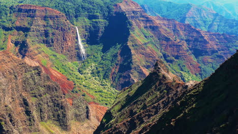 Panning-video-of-a-waterfall,-in-Waimea-Canyon,-on-the-island-of-Kauai,-Hawaii