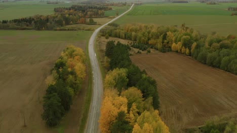 Die-Belebte-Hauptstraße-Durch-Die-Schöne-Goldene-Herbstlandschaft-Lettlands---Luftaufnahme