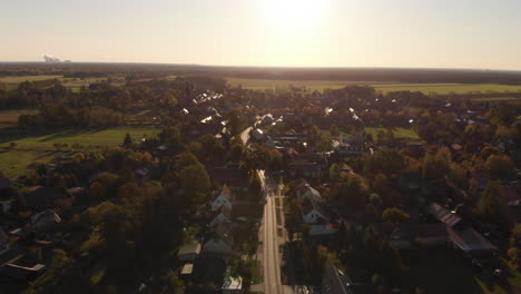 European-countryside-village-in-Lausitz-East-Germany,-sunset-aerial-view