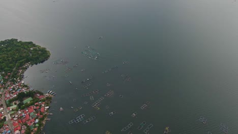 Drone-aerial-view-of-fish-cages-at-surface-closed-to-the-shoreline-from-Taal-Lake