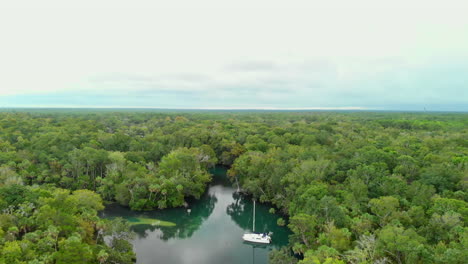 Aerial-footage-of-a-river-in-a-vast-tropical-forest-with-a-still-sailing-boat,-pullback-shot
