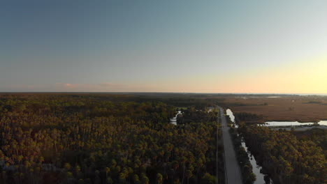 Aerial-view-of-a-long-straight-road-in-between-a-large-forest-with-tall-trees-and-some-ponds-in-Florida,-truck-right-shot