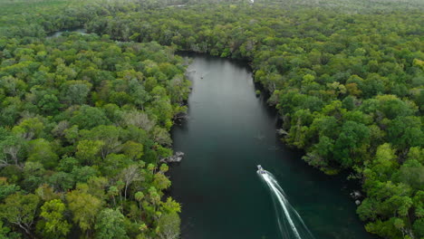 Cinematic-aerial-pullback-shot-of-a-winding-river-cutting-through-a-vast-tropical-forest,-with-birds-flying-and-a-boat-passing-by