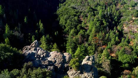 Aerial-Circling-Pull-Back-of-Rocky-Cliff-in-Forested-Mountains