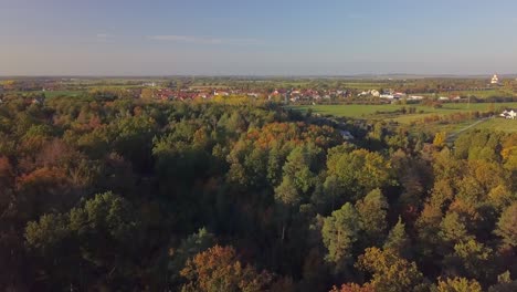 Aerial-view-of-colorful-trees-during-a-sunny-fall-day-with-a-little-haze-in-the-air
