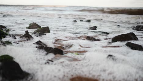 Close-up-shot-of-beach-waves-crashing-against-the-algae-rocks-and-receding-on-a-windy-evening-creating-a-swash