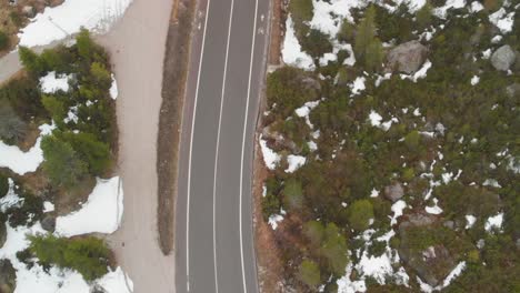Top-down-shot-of-a-road-in-the-snowy-mountains-in-Austria