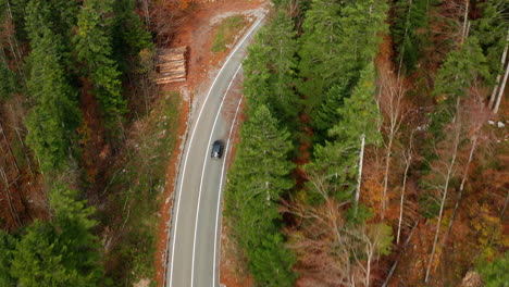 Overhead-view-of-car-driving-through-a-fall-colors-woodland-scene