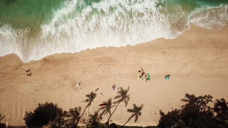 Absenken-Der-Luftaufnahme-über-Wellen,-Die-An-Einem-Tropischen-Sandstrand-In-Hawaii-Zusammenbrechen