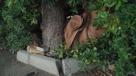 Nahaufnahme-Von-Decke-Und-Habseligkeiten-Von-Obdachlosen,-Die-Von-Einem-Baum-Versteckt-Sind