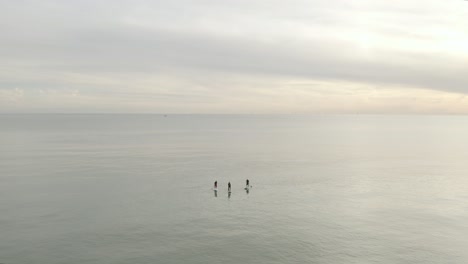 Three-people-on-paddle-boards-in-the-ocean-in-calm-waters-with-golden-sunset